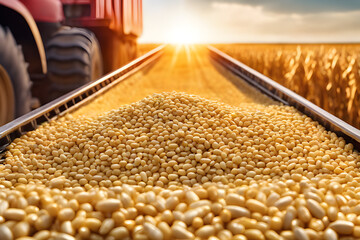 Harvest pouring freshly harvested corn maize seeds or soybeans into conteiner trailer near, closeup detail, afternoon sunshine concept. Generativa AI - obrazy, fototapety, plakaty