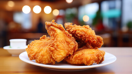 fried chicken on white dish with blur festive background - obrazy, fototapety, plakaty