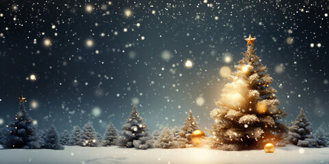 Weihnachten Hintergrund. Weihnachtsbaum mit goldenen Kugeln geschmückt und Schnee	