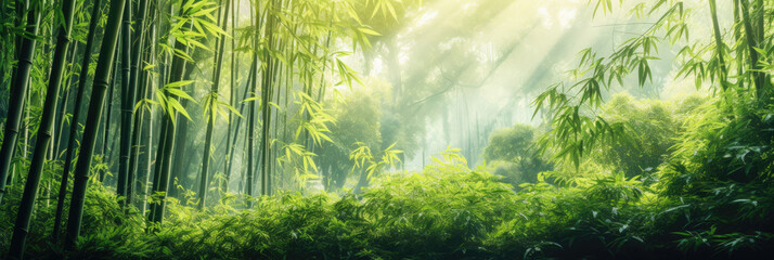 Asian Bamboo forest with morning sunlight. - obrazy, fototapety, plakaty
