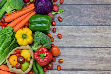 Healthy food background, healthy vegetarian food in paper bags, fruits and vegetables, banner copy space, supermarket shopping, food and clean vegetarian diet concept, organic fruits and vegetables co