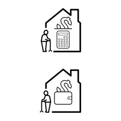 Home and elderly people with money receiving icon inside. Home mortgage refinance icon set. Vector illustration outline flat design style.