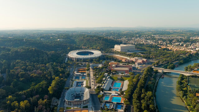 Rome, Italy - July 09, 2023: Stadium Olimpico Tour. Sports complex Olimpico del Nuoto. Evening time, Aerial View