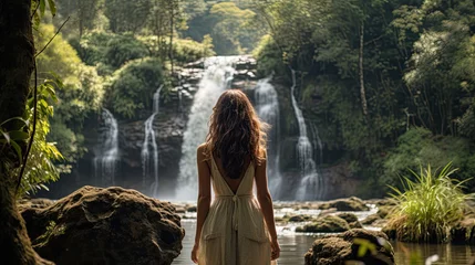 Poster Im Rahmen a young woman with long hair looks at a waterfall © jr-art