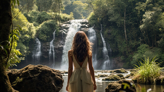 a young woman with long hair looks at a waterfall