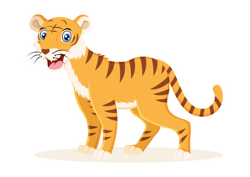 Cute smiling tiger cartoon character vector illustration on white background