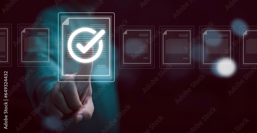 Poster businessman hand touching to online electronic paper for approve iso quality document control certif