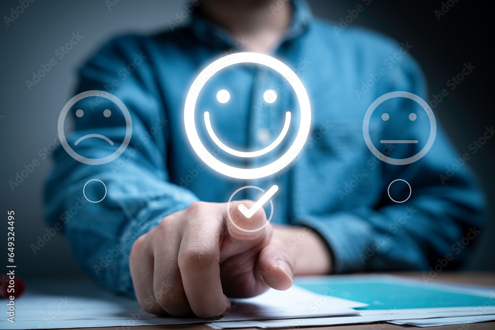 Poster businessman hand touching to tick approve and select smile face for the best excellent evaluation su