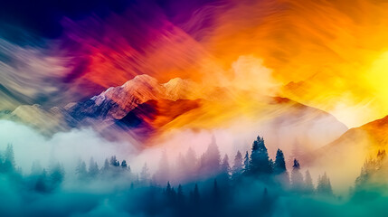 colorful nature panorama with mountains and forest in creative style as wallpaper and background