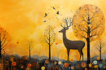 秋の森の中に佇む鹿のナイーブ・アート