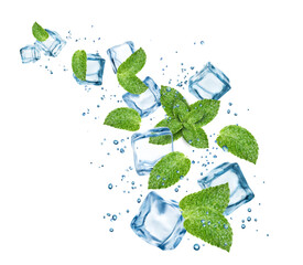 Blue water flow with ice cubes, mint leaves and bubbles, menthol, coolmint and peppermint realistic vector. Mojito, soda water and lemonade drink beverage pour wave with ice cube in splashing water - obrazy, fototapety, plakaty