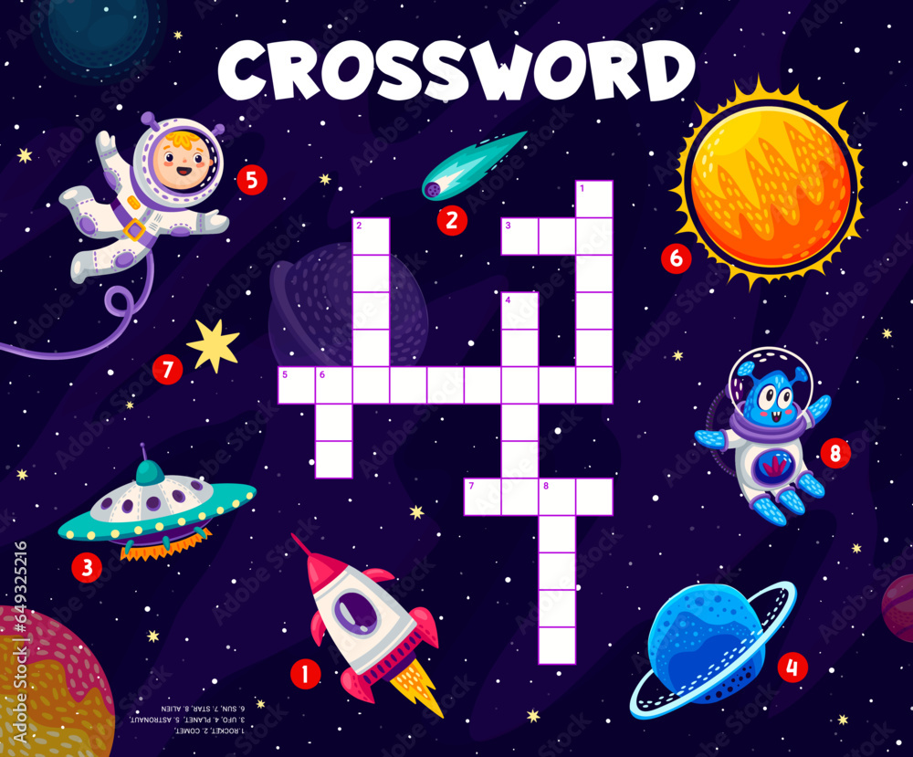 Poster crossword quiz game with cartoon characters and spaceships at starry galaxy space, vector worksheet.