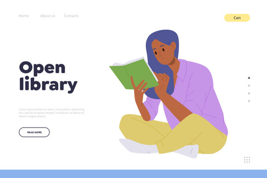Open library online service with free access landing page design template vector illustration