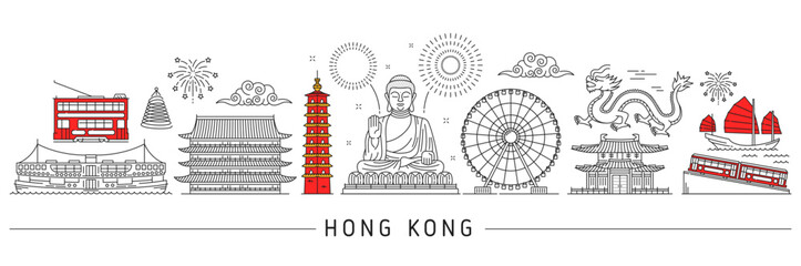 Hong Kong silhouette. Cantonese travel landmarks and buildings cityscape. Vector line Hong Kong city Big Buddha statue, temple and pagoda tower, tram, junk boat and ferry, clouds, dragon and fireworks - obrazy, fototapety, plakaty