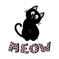 Cute black kitten and decorative letters in word meow, vector illustration, design elements, wall poster.