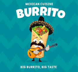 Cartoon mexican burrito mariachi musician character with guitar. Vector promo banner for tex mex food restaurant with funny mustached latino meal personage wear sombrero playing traditional guitarron