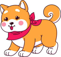Cartoon kawaii Shiba Inu dog pet and funny puppy character. Cute puppy, small Japanese dog mascot or animal pet comical isolated vector personage. Adorable Shiba Inu baby character wearing bandana