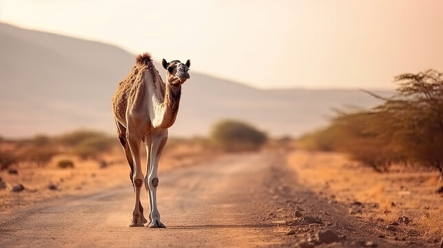 Camel crossing the desert road with arid drought countryside