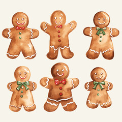 watercolor set of gingerbread men isolated on solid color