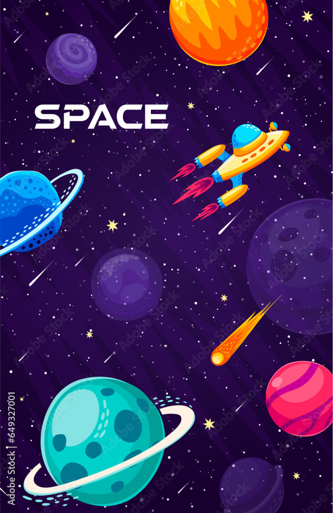 Poster space landscape poster with flying spaceship, galaxy planets, comet and stars vector background. car