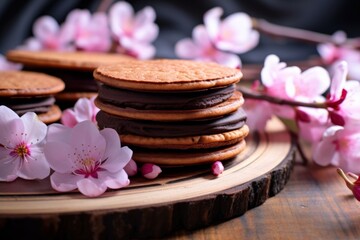 Dorayaki stacked on a rustic wooden board with a backdrop of cherry blossom