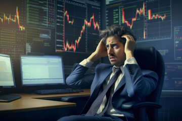 Stressed and desperate businessman crying watching stock market crash and business fall because of the economic crisis - Panic on Finance - obrazy, fototapety, plakaty