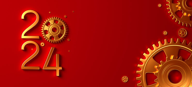 Creative 2024 New Year design template with cogwheels. 3D render illustration on a construction, engineering and maintenance theme.