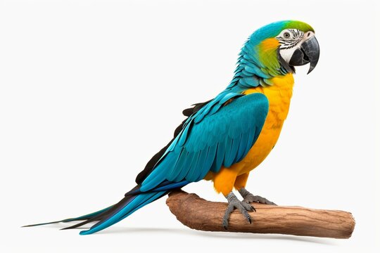 A blue or turquoise parrot (Amazona aestiva) sitting sideways, looking to the side showing profile. Isolated cutout on a transparent background. Generative AI