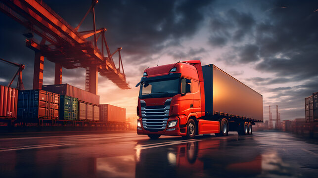 Logistics import export and cargo, transportation industry concept of container truck run. Modern transportation truck with copy space, cargo, moving by motion blur effect