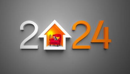 Creative 2024 New Year design template with a cozy house with an abstract interior in warm colors. - obrazy, fototapety, plakaty