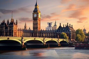 Fototapeta na wymiar Iconic clock tower, bridge over river, London, England. Generative AI
