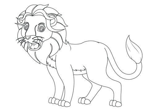 Black and white lion cartoon character vector illustration. Coloring page of cartoon lion