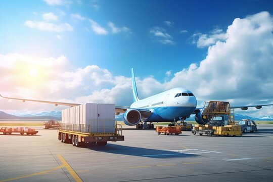 Cargo airplane loading on runway with containers and packages against blue sky background. Airport overview with cargo planes. Generative AI