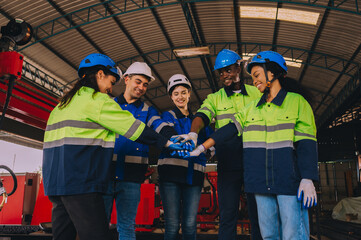 A diverse group of engineers and workers wearing life jackets and helmets join hands together as a...