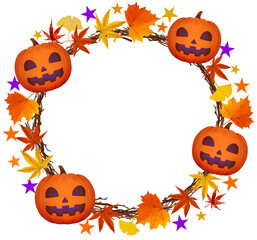 ハロウィン　円フレーム　リース　ジャックオランタンと秋の植物