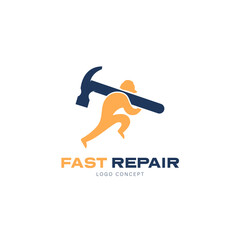 Fast repair, Carpenter Builder with hard hat and Hammer Running Logo Symbol Design Template Flat Style Vector
