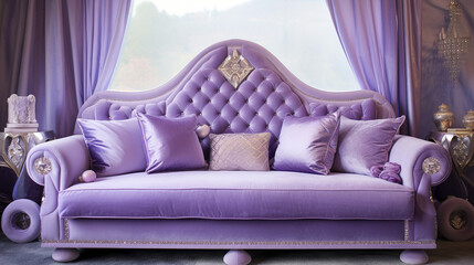 Lavender Velvet Sofa with Crystal-Embellished Pillows in a Fairy-Tale Bedroom