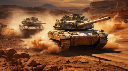 Across the desert expanse, main battle tanks carve a path, leaving imprints like ancient symbols. 