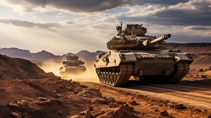 Across the desert expanse, main battle tanks carve a path, leaving imprints like ancient symbols.  - obrazy, fototapety, plakaty