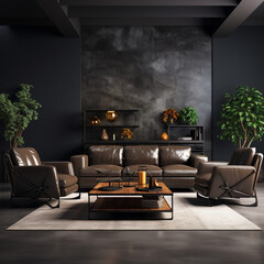 large living room with modern interior design with leather sofas and chairs for home against the background of a dark classic wall,