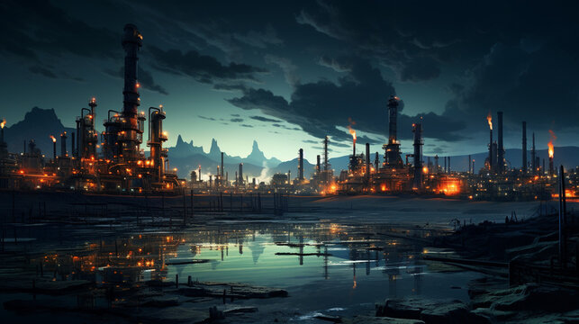 Under the nocturnal sky, an oil refinery stands as an industrial sentinel. Illuminated by a network of lights, the complex forms a city of steel and fire. 