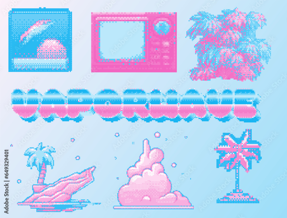 Poster Set of different pixel art items for game design or sticker pack. Palm tree, cloud, a computer and other icons in vaporwave the 80's style.