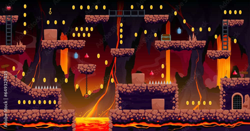 Poster arcade game volcano cave level map with stone platforms, lava, ladders and game items. vector backgr