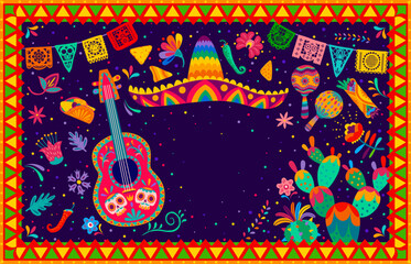 Mexican holiday banner or poster with sombrero, guitar and maracas, vector background. Mexico holiday fiesta or celebration party papel picado flags, chili pepper and burrito with cactus and flowers