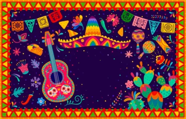 Zelfklevend Fotobehang Mexican holiday banner or poster with sombrero, guitar and maracas, vector background. Mexico holiday fiesta or celebration party papel picado flags, chili pepper and burrito with cactus and flowers © Vector Tradition