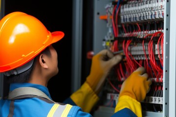 Serviceman engineer system administrator computer specialist man male guy electrician technician diagnoses revises inspecting server computer internet cloud development backend equipment cables wires