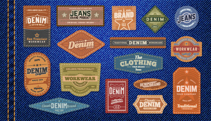 Denim jeans leather patches and labels. Isolated vector set of textured tags displaying brand names, providing company identity And a touch of style to the garment. Emblems in retro style for clothes - obrazy, fototapety, plakaty