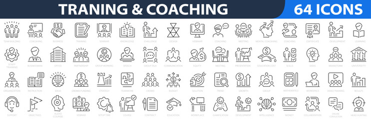 Training and Coaching icon set. Business training 64 icon. Mentoring, education, meeting, conference, teamwork and more. Vector illustration