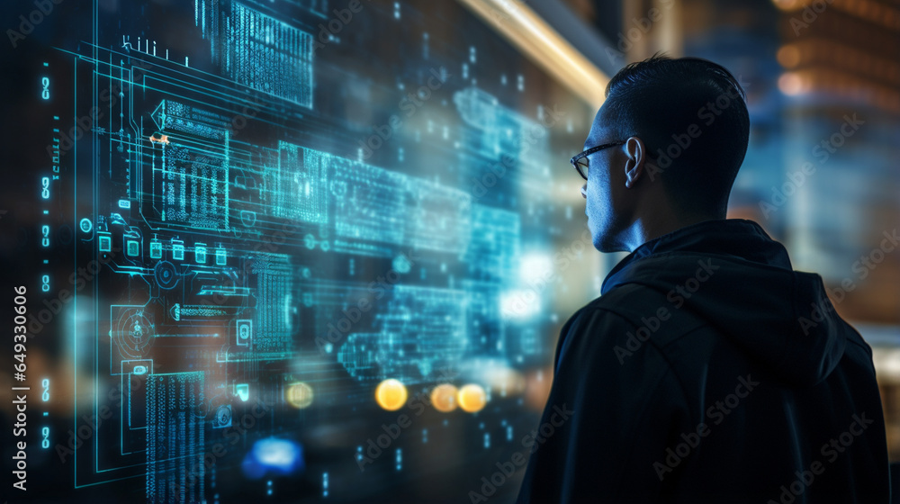 Poster developer engaging with holographic code elements for enhanced creativity , with copy space, bokeh