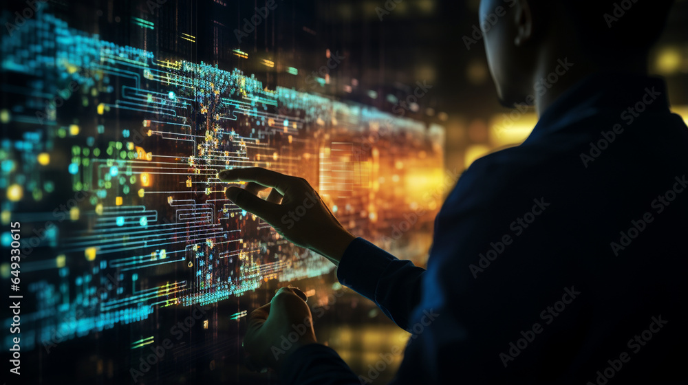 Aufkleber developer engaging with holographic code elements for enhanced creativity , with copy space, bokeh